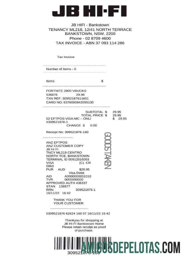 Fatura fiscal JB Hi Fi da Austrália exemplo